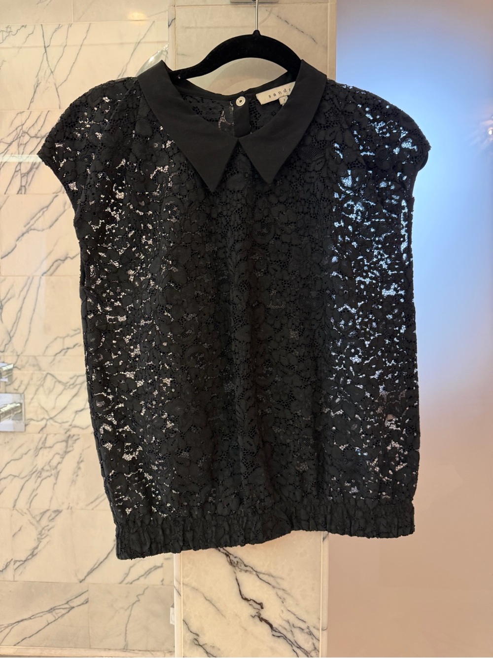 Sandro Black Floral Lace Cap-Sleeve Blouse with Peter Pan Collar